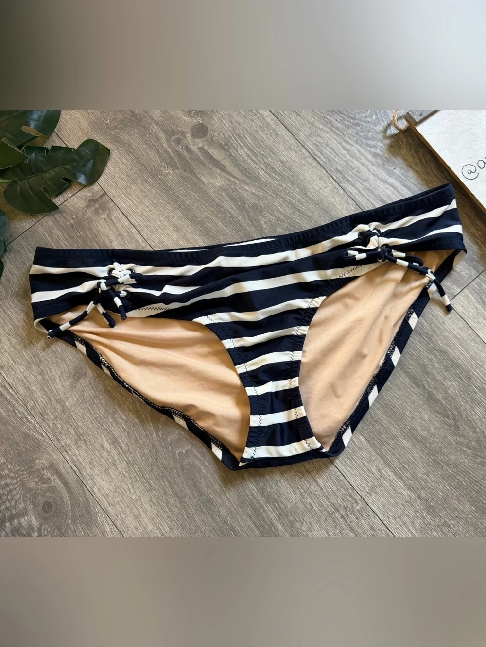 J. Crew Nautical Navy & White Striped Bikini Bottom w Lace Up Side Ties. Size M